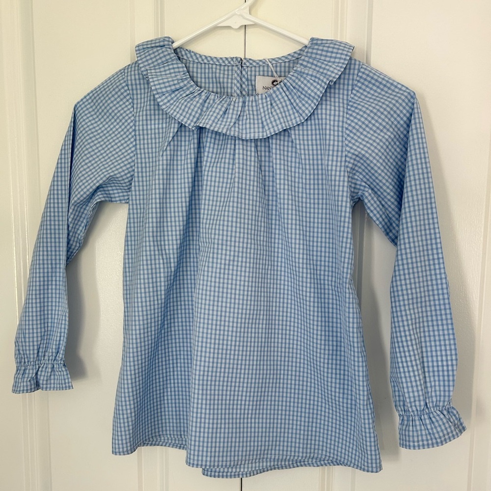 Nantucket Kids girls size 8 gingham blue and white check collared top frilly NWT